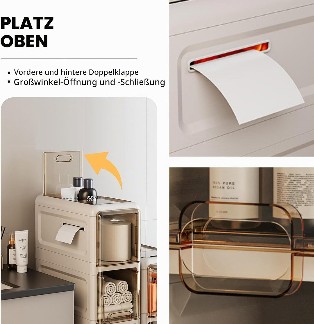 Schmaler Badezimmer-Organizer. Zusätzlicher Aufbewahrungsschrank mit Rollen für enge Räume. Beistell