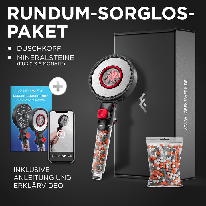 LOBENSWERK Duschkopf Schwarz Matt [3 Funktionen] mit natürlichen Mineralperlen für reines Wasser & H