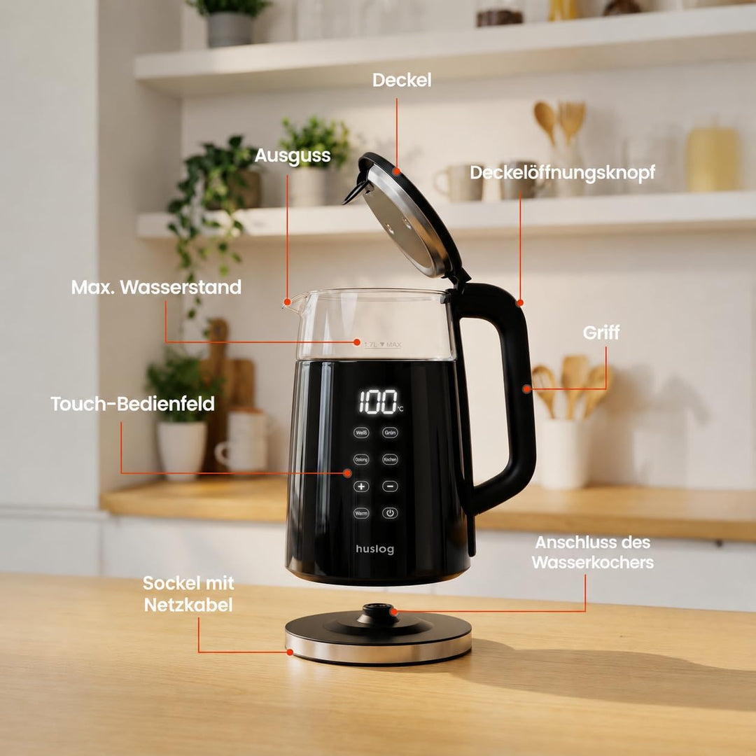 Elektrischer Wasserkocher mit Temperaturanzeige Glas 1,7L 2200W Touchscreen-Bedienfeld Warmhaltefunk