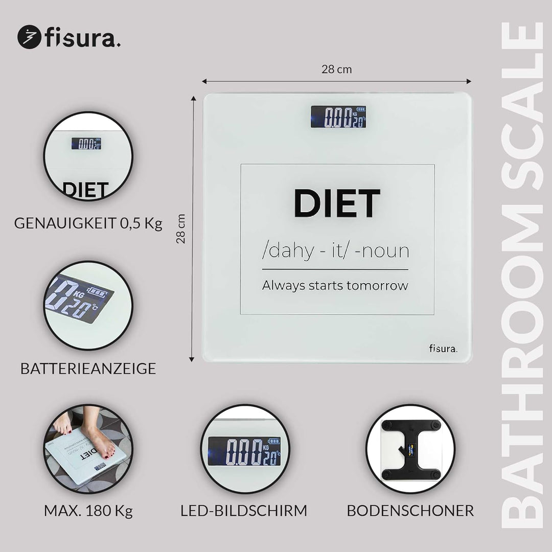 Fisura - Digitale Badezimmerwaage "diet". Glas-Badezimmerwaage. Elektronische Waage bis 180 kg mit 5