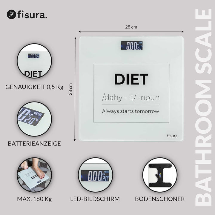 Fisura - Digitale Badezimmerwaage "diet". Glas-Badezimmerwaage. Elektronische Waage bis 180 kg mit 5