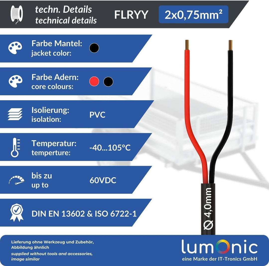 Lumonic 20m FLRYY Fahrzeugkabel 2 adrig I Fahrzeugleitung mit Kabelquerschnitt 2x 0,75mm² I Kabel An