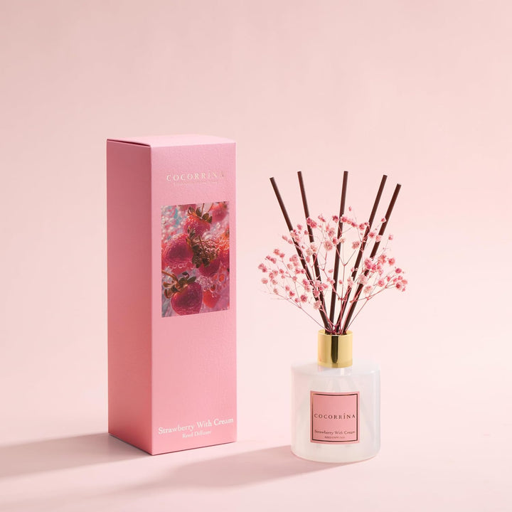 COCORRÍNA Raumduft Reed Diffuser mit 8 Duftstäbchen 200ml, Strawberry with Cream, Natürlich, Langanh