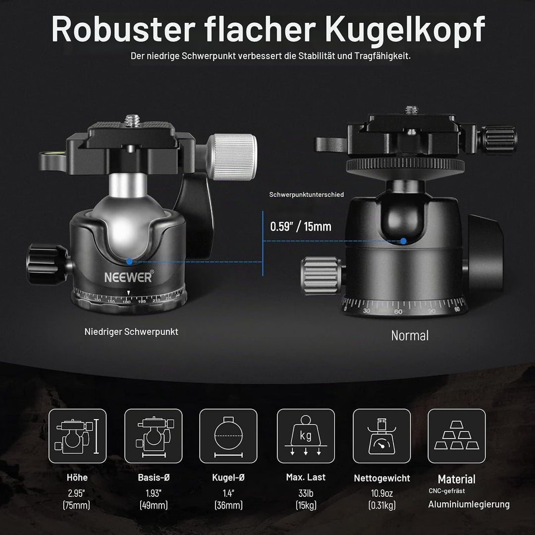 NEEWER Low Profile Kugelkopf für Kamerastativ,36mm Metall Panorama Stativkopf mit Niedrigem Schwerpu