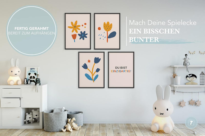 Papierschmiede® Kinderbilder 4er Set, A4 gerahmt in Holzrahmen (schwarz), Geschenk für Mädchen & Jun