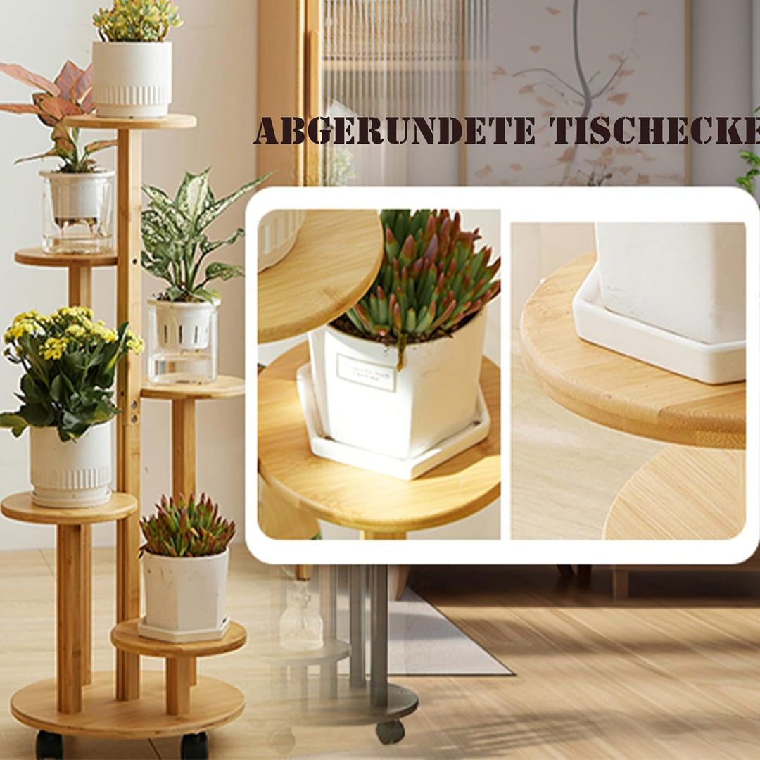 KEBMCHN Blumenständer Bambus mit Rollen, 5 Etagen Pflanzenständer Blumenregal Balkon,Chassis Ø31.5*O