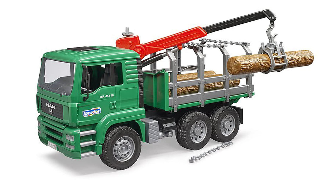 bruder 02769 - Man Holztransport-LKW mit Ladekran & 3 Baumstämmen - 1:16 Holztransporter Lastwagen L
