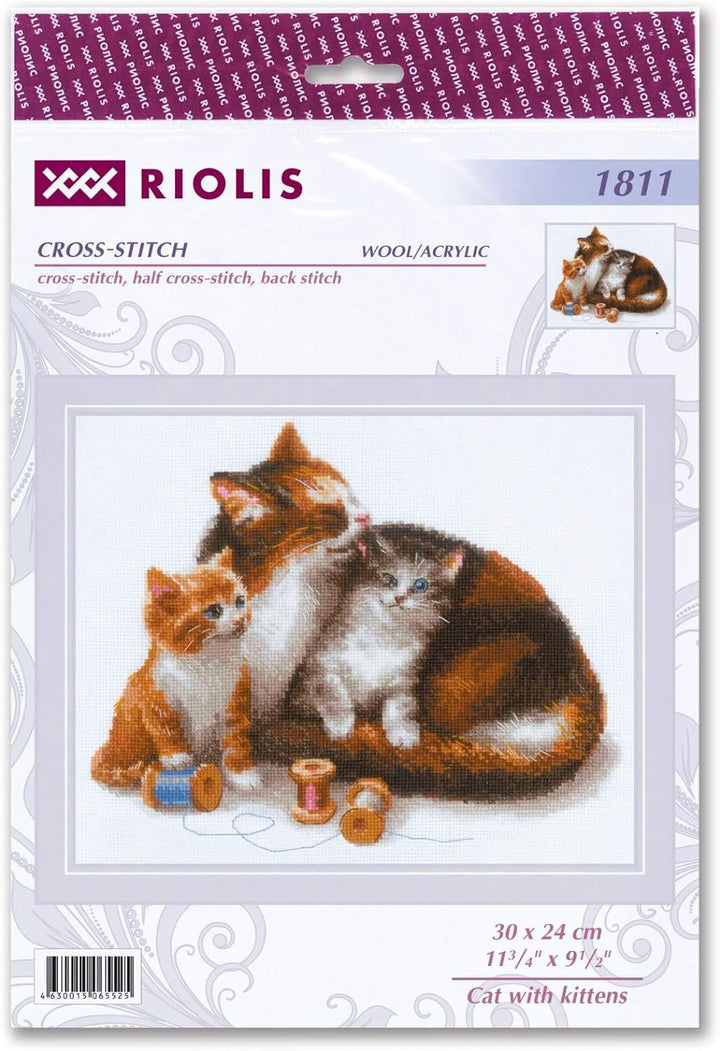 Riolis 1811 Katze mit Kätzchen, Zählmuster Kreuzstich-Set, Baumwolle, mehrfarbig, 3024cm
