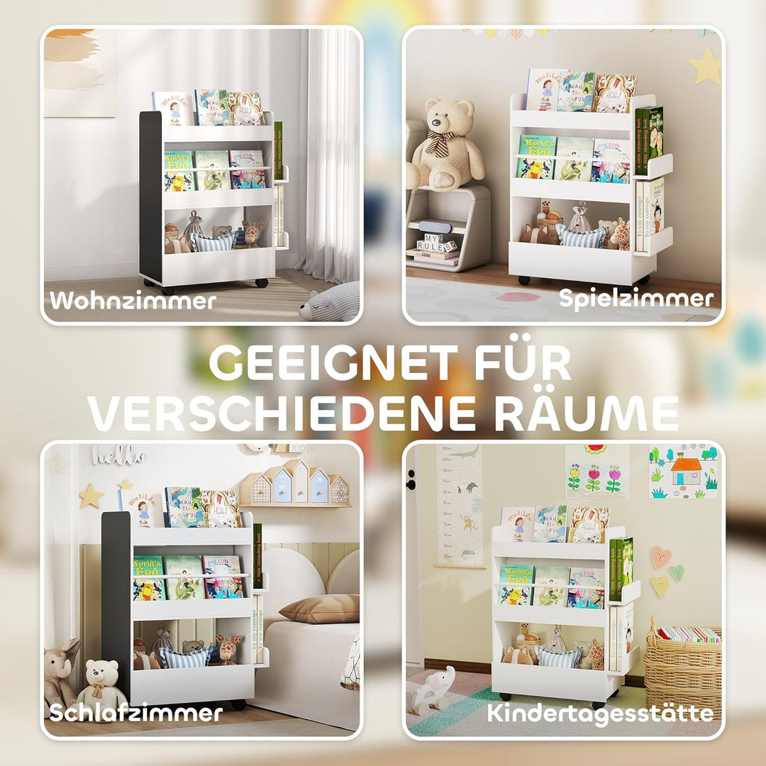 AIYAPLAY Kinder Bücherregal, Kinderregal mit 4 Regalen Bodenfach 2 Seitenteile, doppelseitiges Kinde