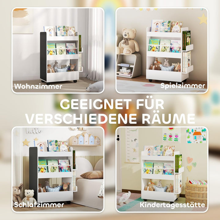 AIYAPLAY Kinder Bücherregal, Kinderregal mit 4 Regalen Bodenfach 2 Seitenteile, doppelseitiges Kinde