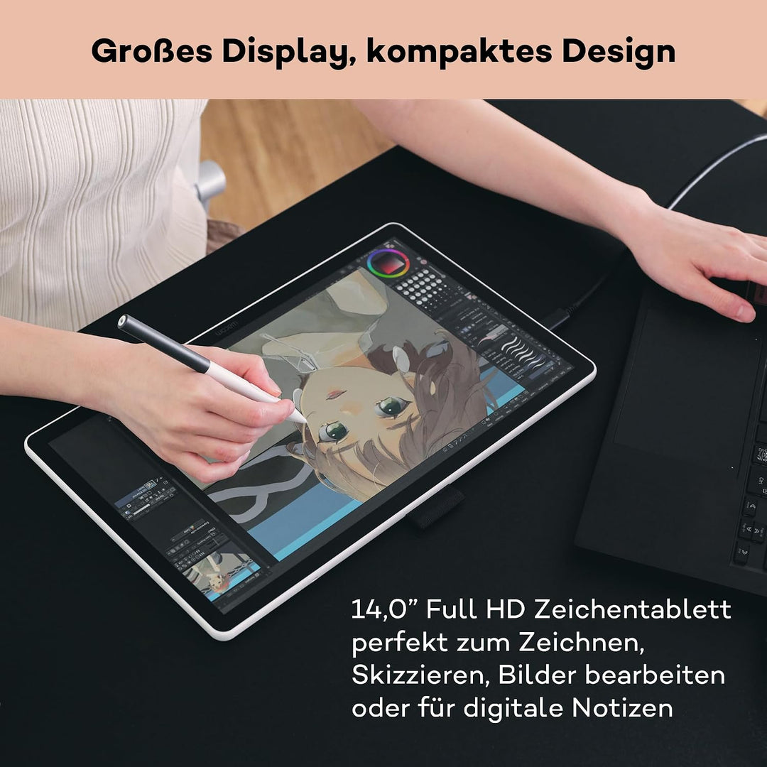 Wacom One 14 Grafiktablett mit Display – 14,0″ Full HD Zeichentablett mit Stift ohne Batterie, entsp