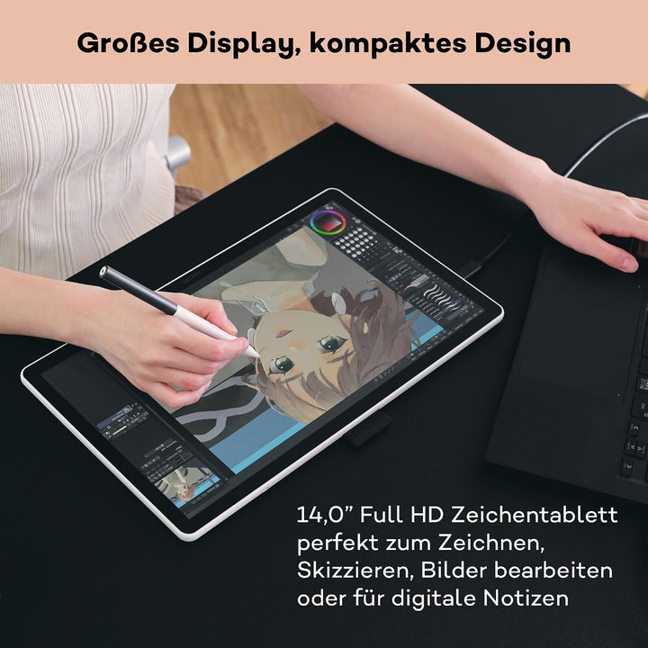 Wacom One 14 Grafiktablett mit Display – 14,0″ Full HD Zeichentablett mit Stift ohne Batterie, entsp