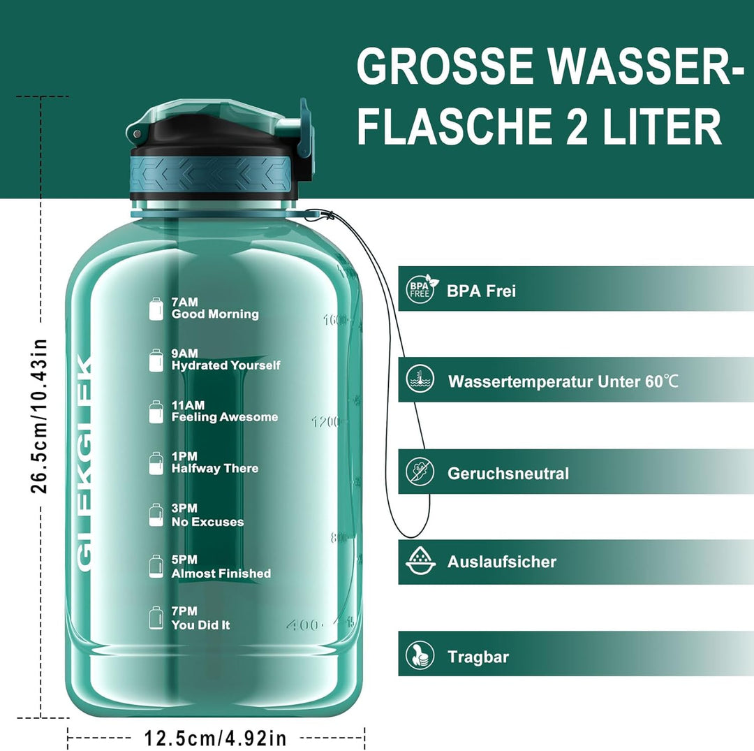 2 Liter Trinkflasche, BPA Frei, Trinkflasche Gym mit Zeitmarkierung, für Fitnessstudio, Büro, Outdoo
