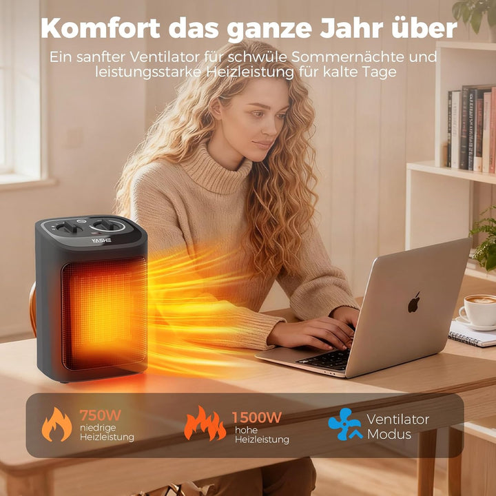 YASHE Elektroheizkörper 1500W, PTC Keramik Heizlüfter mit Thermostat, 2 Heizstufen + Ventilatormodus