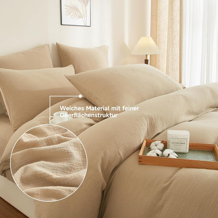 Boqingzhu Doppelte Muslin Bettwäsche Beige 135x200cm Baumwolle Weich Kuschelig Sommer Baumwollbettwä