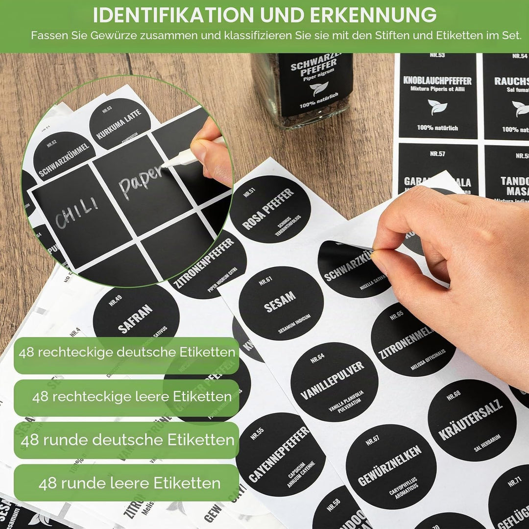 Gewürzgläser Eckig Set 24er, Gewürzdosen Glas 120ml, Gewürzstreuer Mit Schwarz Deckel, Gewürz Organi