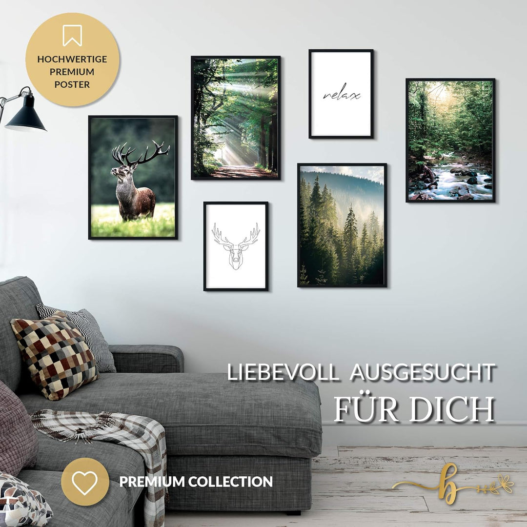 Premium Poster Set | Deko Bilder Wohnzimmer Modern | Schlafzimmer Bild für die Wand | (Wald Hirsch,