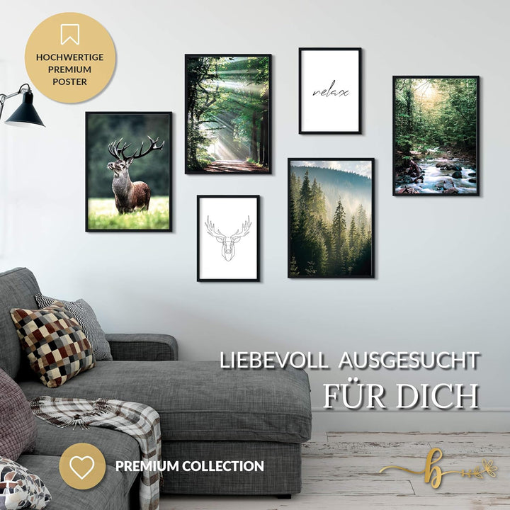 Premium Poster Set | Deko Bilder Wohnzimmer Modern | Schlafzimmer Bild für die Wand | (Wald Hirsch,