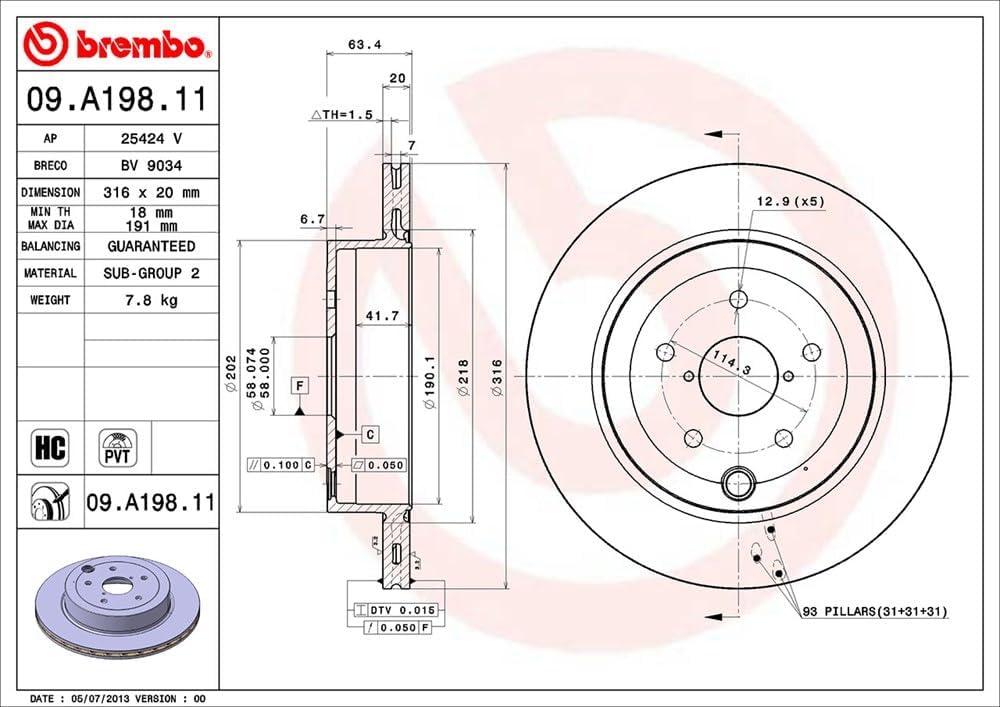 Brembo 09.A198.11 Hintere Bremsscheibe mit UV Lackierung, Anzahl 2