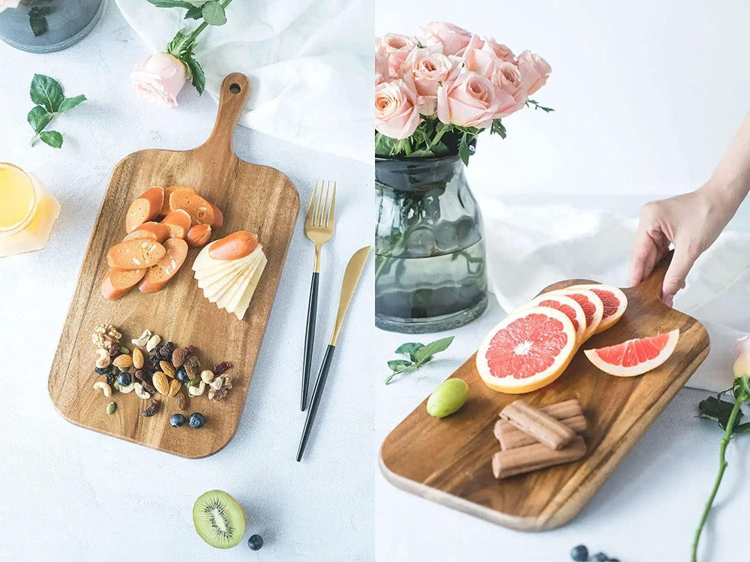 BILL.F Acacia Holz Schneidebrett mit Griff 38x19x2,2cm, Holz Charcuterie Board Paddle Cheese Board S