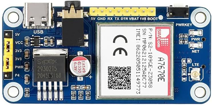 A7670E LTE Cat-1 HAT for Raspberry Pi, Multi Band Support, 2G GSM/GPRS, Enabling LTE Cat-1 / 2G Comm