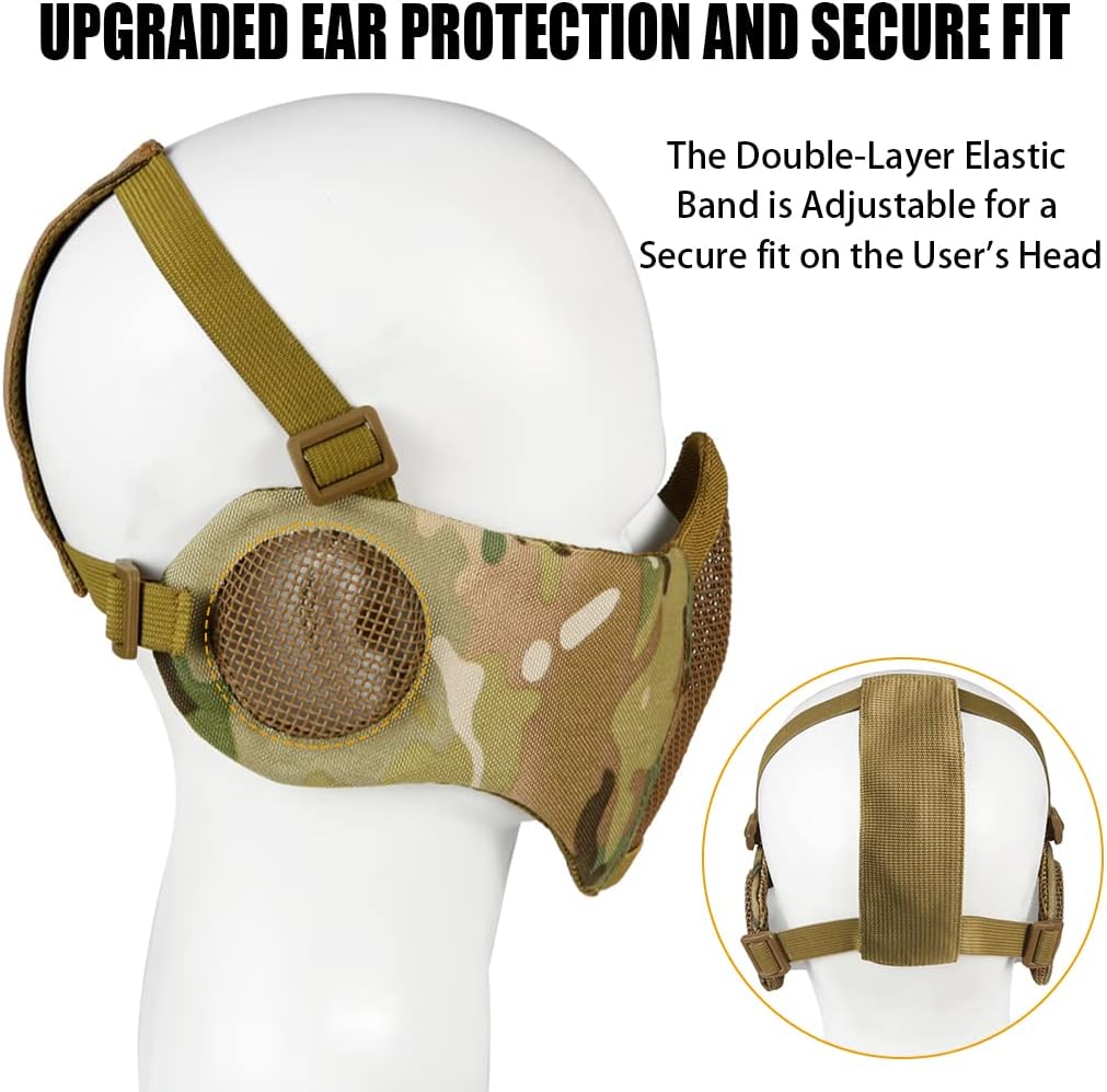Hodeacc Airsoft-Maske und Brillen-Set, halbe Gesichtsmaske aus Metall mit Gehörschutz, Anti-UV-Softa