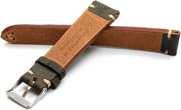 Sulla 20 mm Vintage Leder Uhrenarmband Handgemacht in Deutschland Retro Look Braun weisse Naht