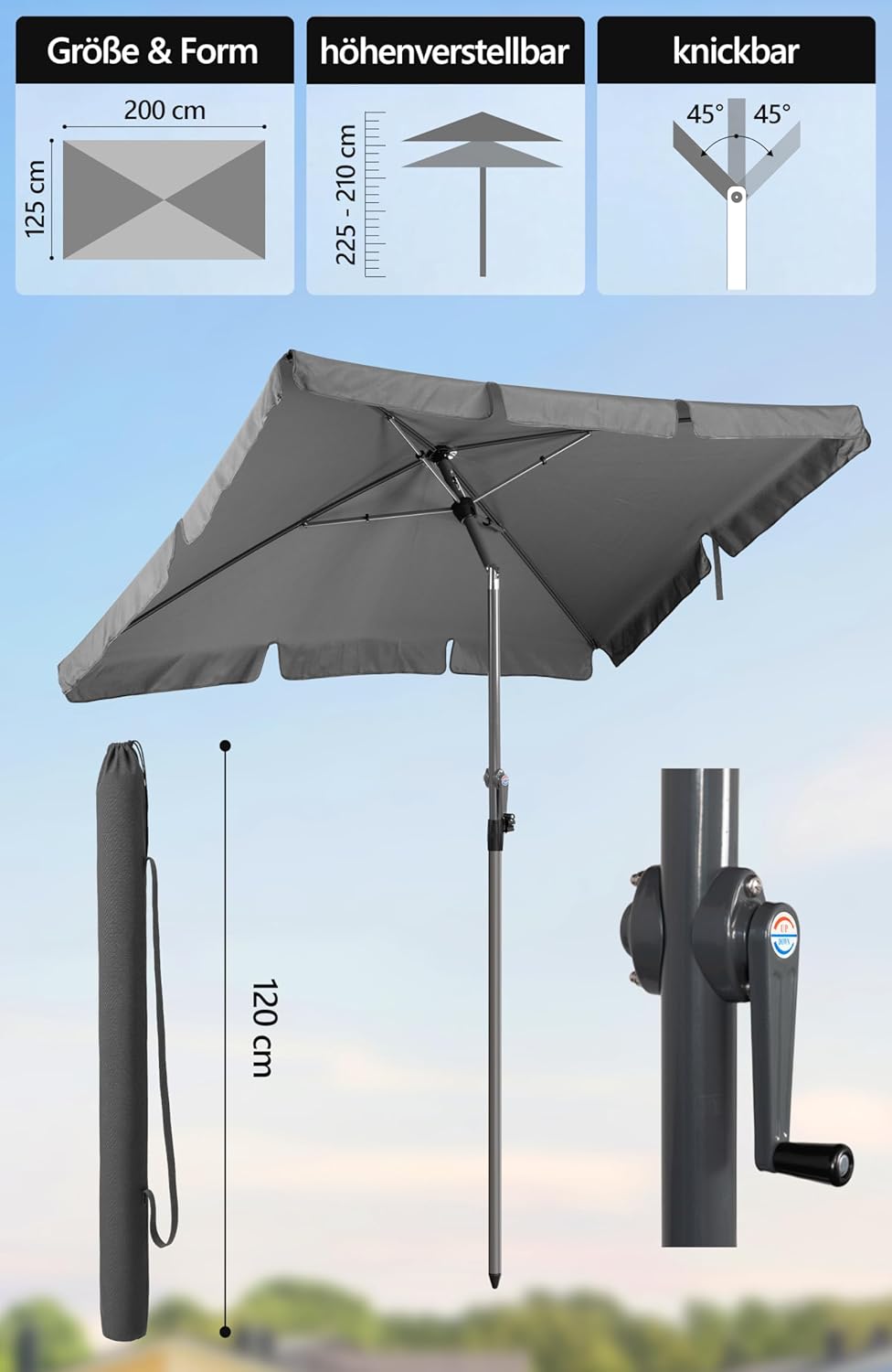 Menz SunnyShade Balkonschirm Roma mit Schutzhülle, Anthrazit, Sonnenschirm Balkon 200x125 cm, Sonnen