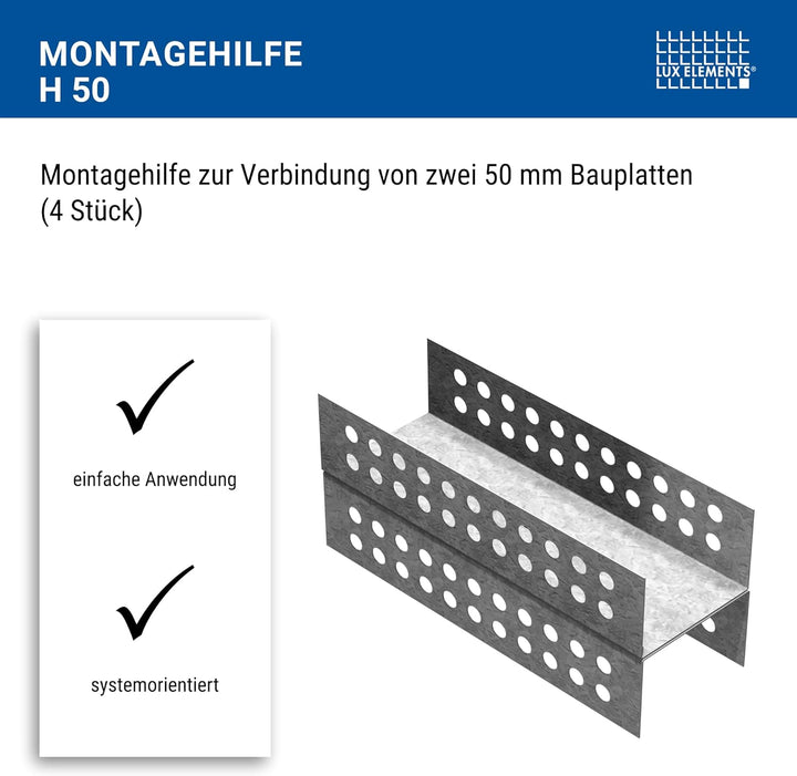 LUX ELEMENTS Montagehilfe zur Verbindung von zwei 50 mm Bauplatten, MONT-H 50 LMONZ1108, Silber Mont
