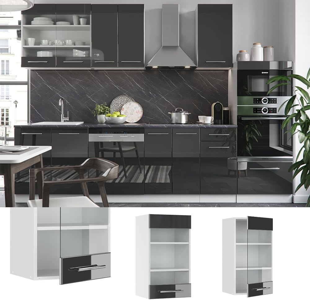 Vicco Küchenschrank Glas Fame-Line, Anthrazit Hochglanz/Weiss, 40 cm Anthrazit Hochglanz Hängeglassc