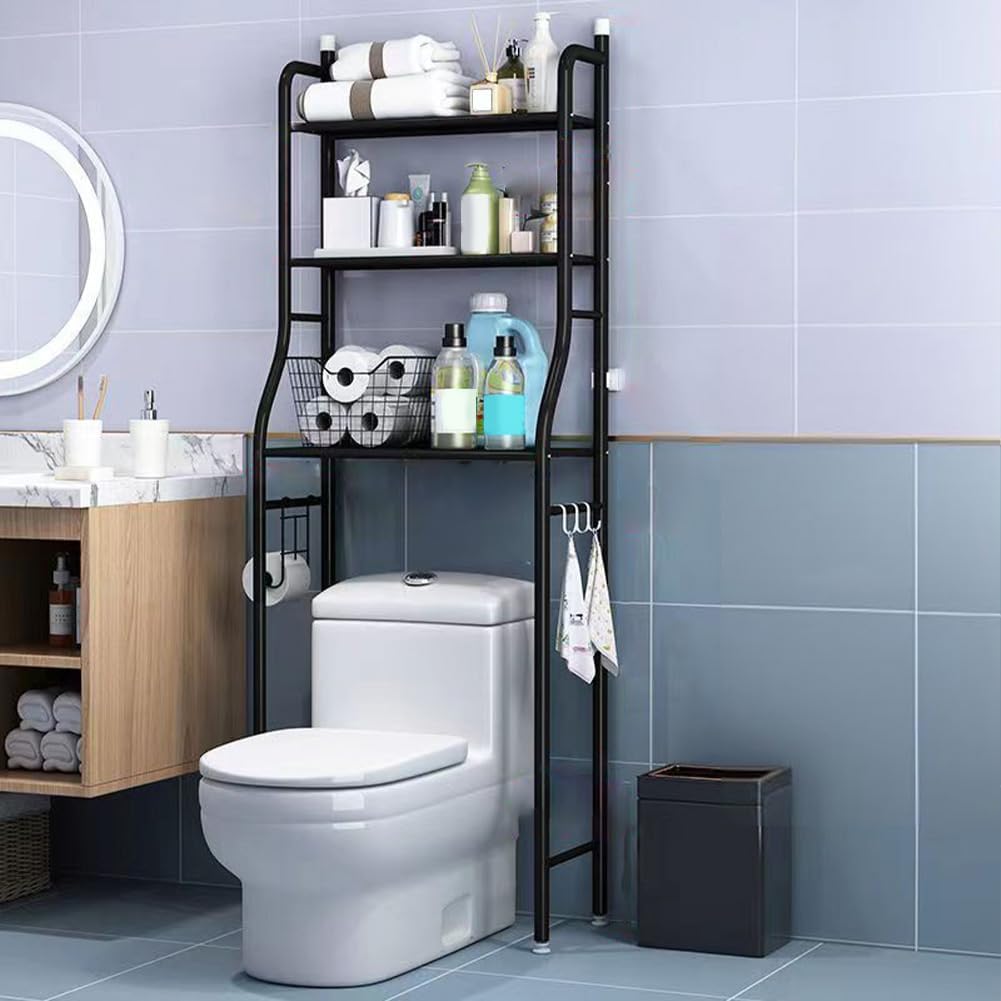 GarveeHome Schwarzes WC-Überregal, Platzsparendes Badezimmerregal mit 3 Ebenen &amp; Seitlichen Haken, R