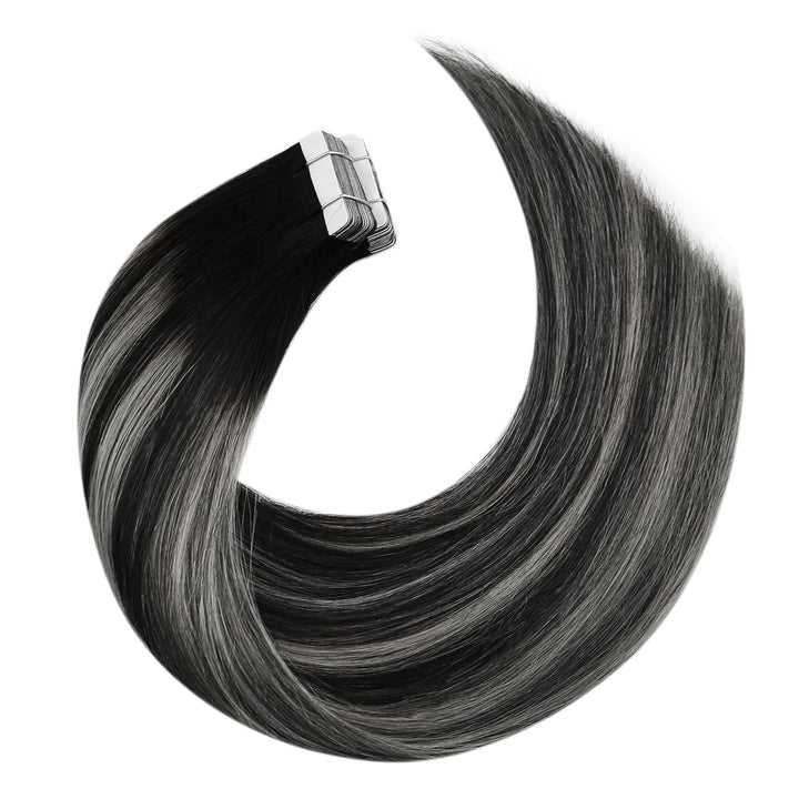 Moresoo Tape in Extensions Schwarz Ombre Silber Remy Echthaar Extensions Tape Balayage Schwarz bis S