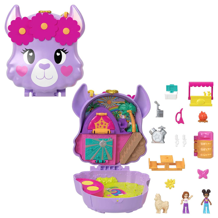 Polly Pocket Camp Abenteuer - Lama Schatulle Spielset mit 2 Puppen, 5 Spielelementen, 13 Accessoires