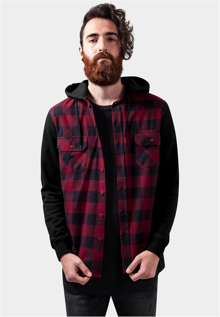 Urban Classics Herren Hooded Checked Flanell Sweat Sleeve Shirt Freizeithemd S Mehrfarbig (Blk/Burgu