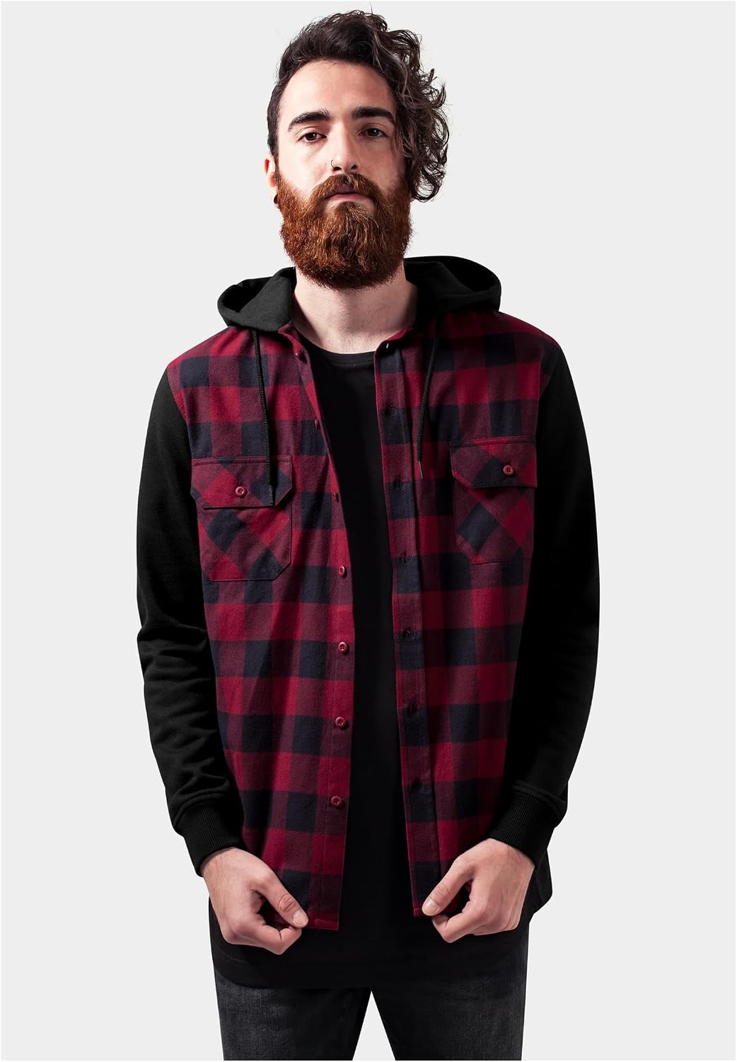 Urban Classics Herren Hooded Checked Flanell Sweat Sleeve Shirt M Blk/Burgundy/Blk, M Blk/Burgundy/B