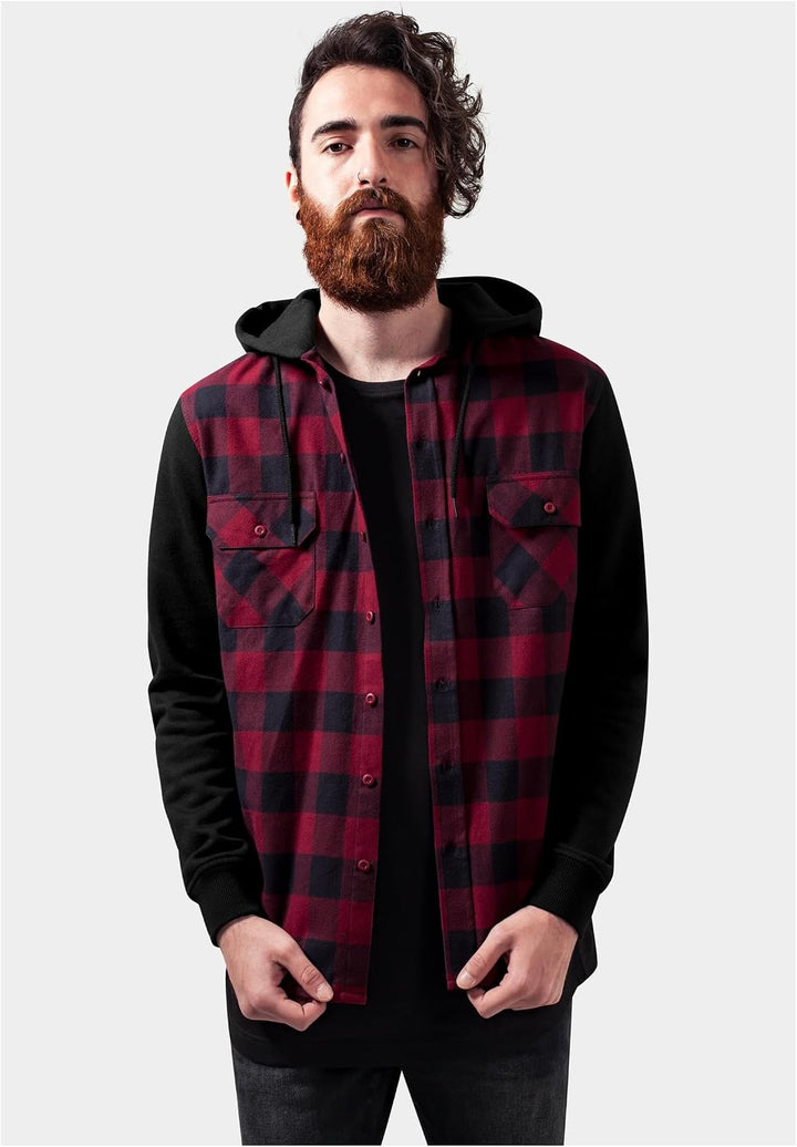 Urban Classics Herren Hooded Checked Flanell Sweat Sleeve Shirt M Blk/Burgundy/Blk, M Blk/Burgundy/B