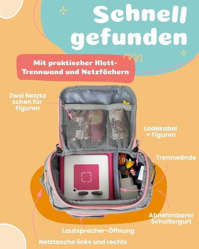 JP Journey Tasche für Toniebox - BoxBag für 10 Figuren und Box auf Reisen und im Auto, Klett (Grau-R