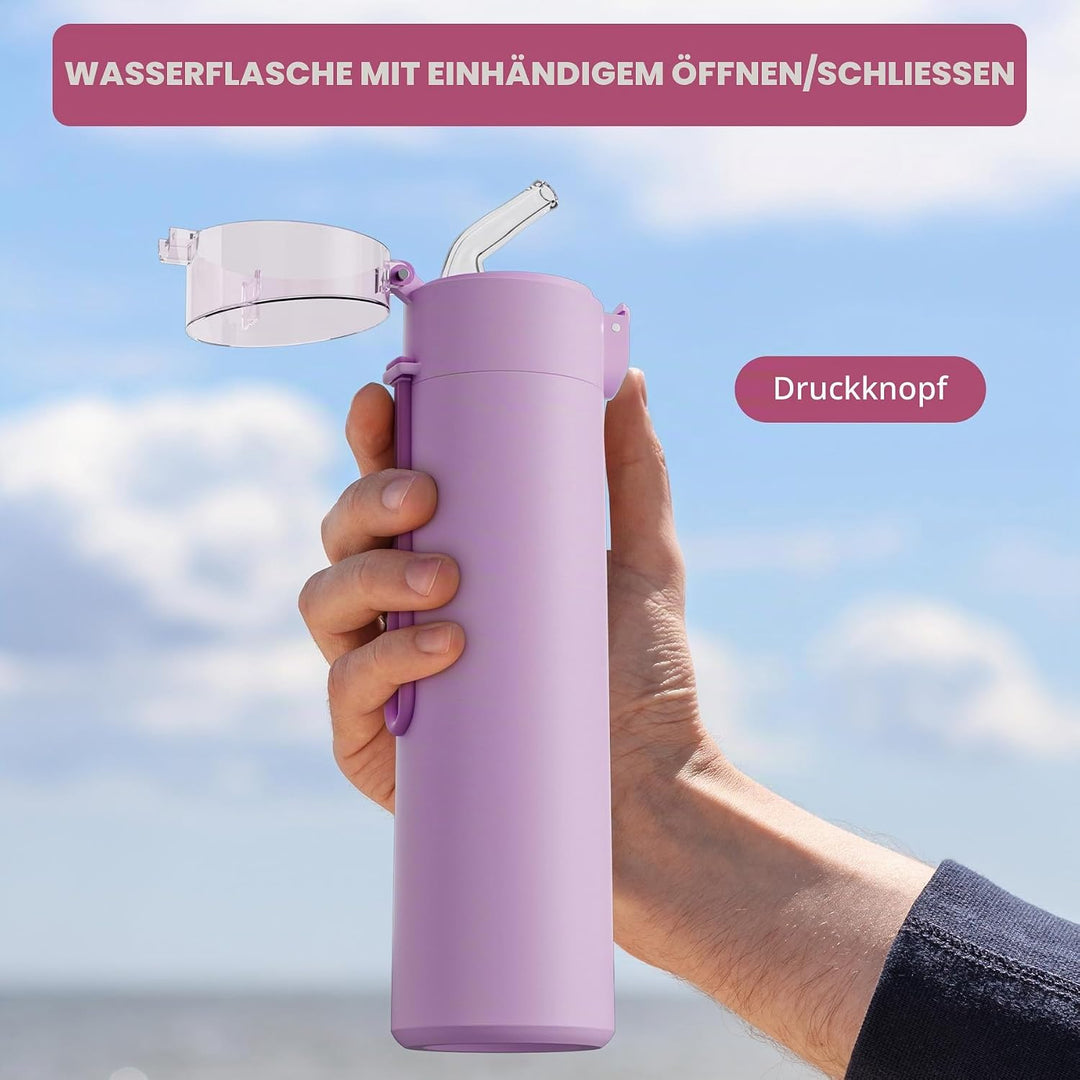 Exllena Trinkflasche Klein 270ml mit Strohhalm aus Edelstahl, Einhand-Bedienung, 100% Auslaufsicher,