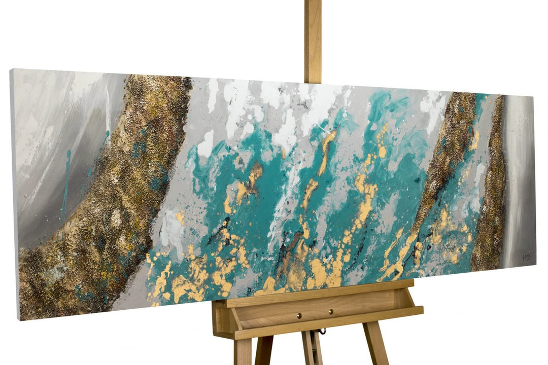 KunstLoft Leinwandbild | 100% HANDGEMALT | 150x50cm | Gemälde 'Glacial Shore' | Abstrakt | Blau Weis