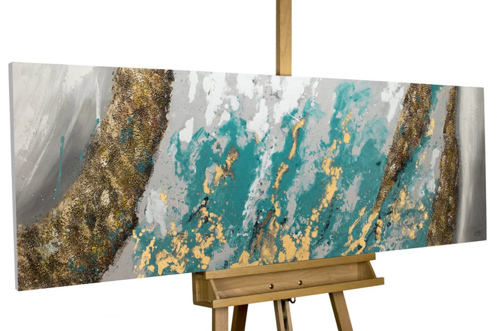 KunstLoft Leinwandbild | 100% HANDGEMALT | 150x50cm | Gemälde 'Glacial Shore' | Abstrakt | Blau Weis