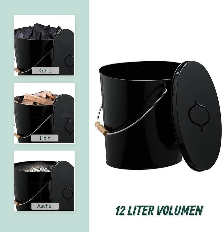 Relaxdays Ascheeimer mit Deckel, 12 Liter, Henkel mit Holzgriff, für Kohle & Asche, Kamin, Stahl Asc