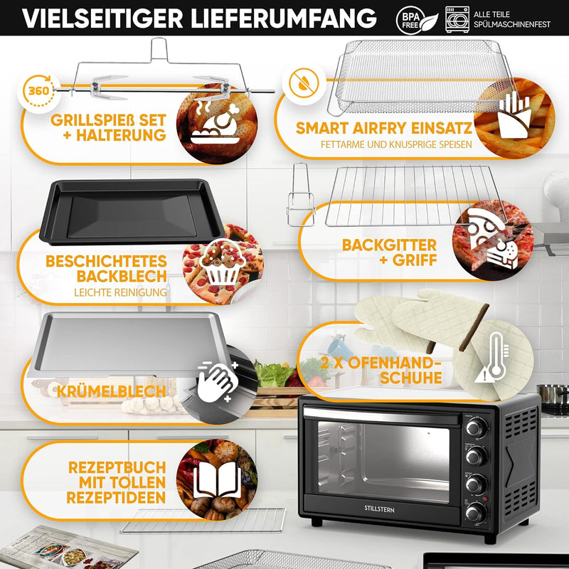 Stillstern Minibackofen mit Umluft (35L) Deutsche Version, 2x Backblech, Ofenhandschuhe, Rezeptheft,