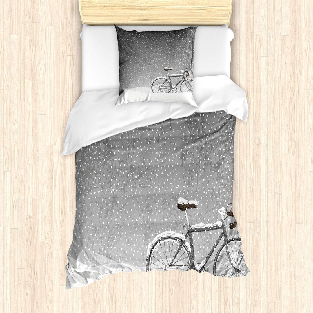 ABAKUHAUS Winter Bettbezug Set für Einzelbetten, Fahrrad Schnee Ruhe Szene, Milbensicher Allergiker