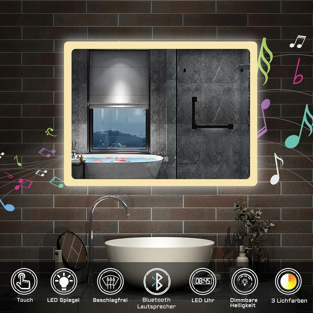LED Badspeigel 70×50cm Bluetooth Uhr 3 Lichfarbe dimmbar Memory Wand/Touchschalter Anti-Beschlag Spi
