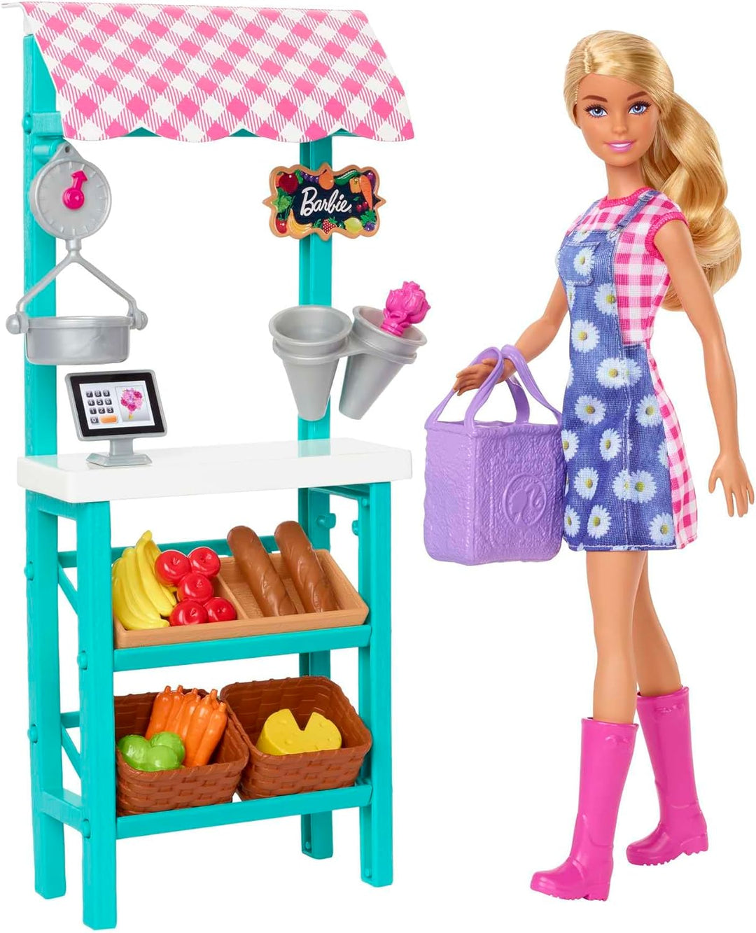 Barbie HCN22 - Spass auf dem Bauernhof Bauernmarkt Spielset mit Puppe (Blonde Haare), Markt-Stand mi