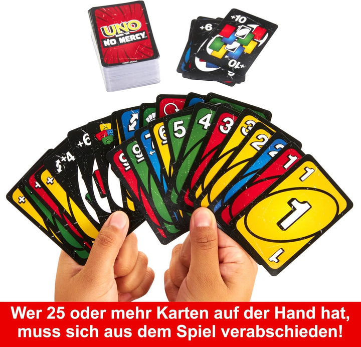 Mattel Games UNO No Mercy Kartenspiel in Einer Aufbewahrungsdose zum Mitnehmen für Kinder, Erwachsen