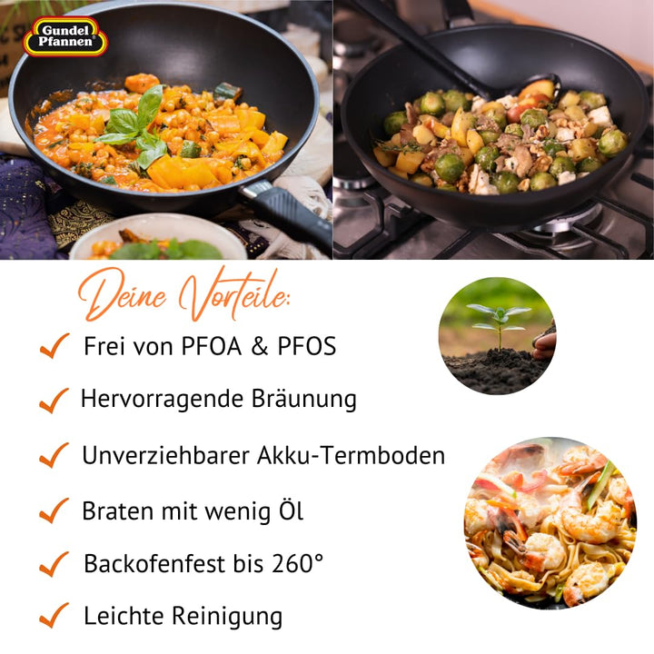 Original Gundel GUSS-WOK INDUKTION, Ø 30 cm, Höhe 10 cm, Rühr-Pfanne PFOA-frei, Akku-Therm Boden – f