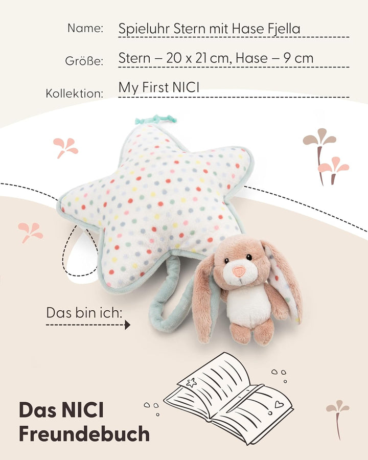 NICI Spieluhr Stern 21x20cm mit Hase Fjella 9cm - rosa - Einschlafhilfe für Babys und Kleinkinder ab