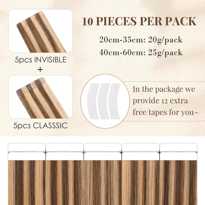 Elailite Tape Extensions Echthaar #4P27 Mittelbraun/Honigblond, 10 Stück Unsichtbar Kleber Haarverlä