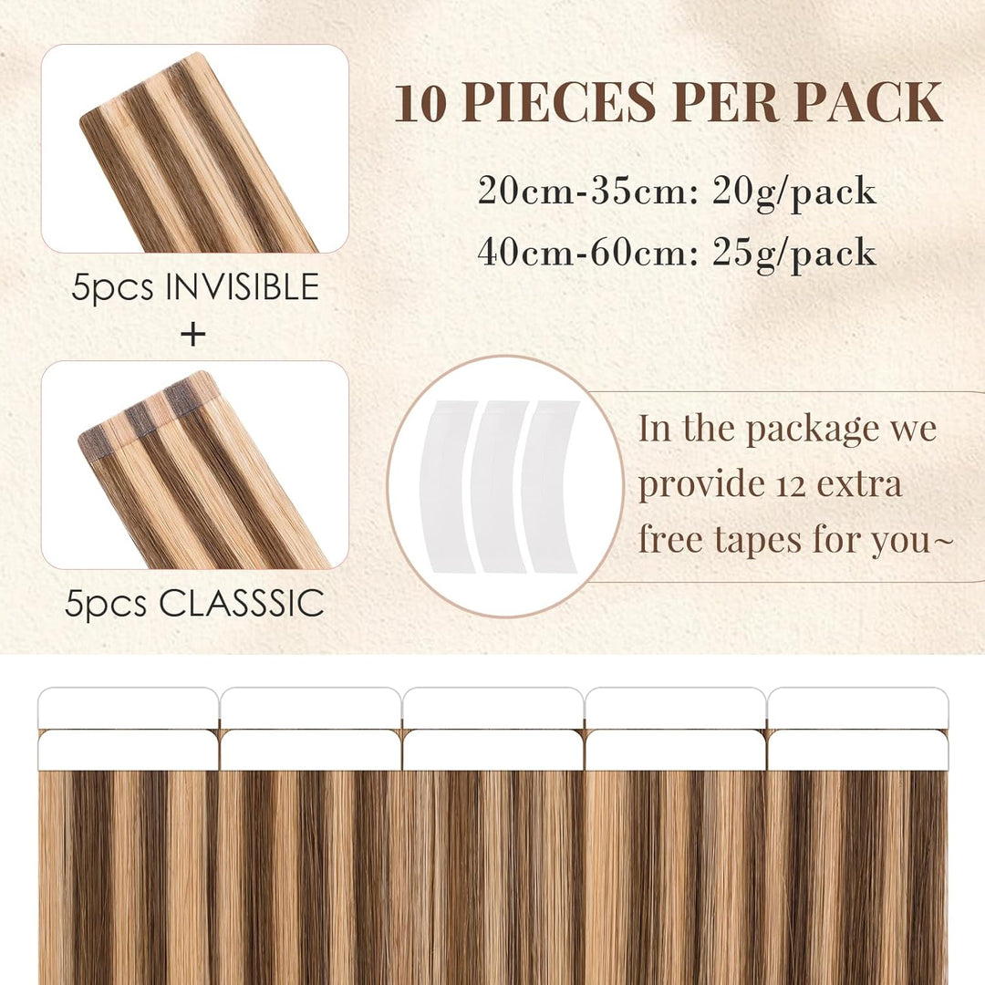 Elailite Tape Extensions Echthaar #4P27 Mittelbraun/Honigblond, 10 Stück Unsichtbar Kleber Haarverlä